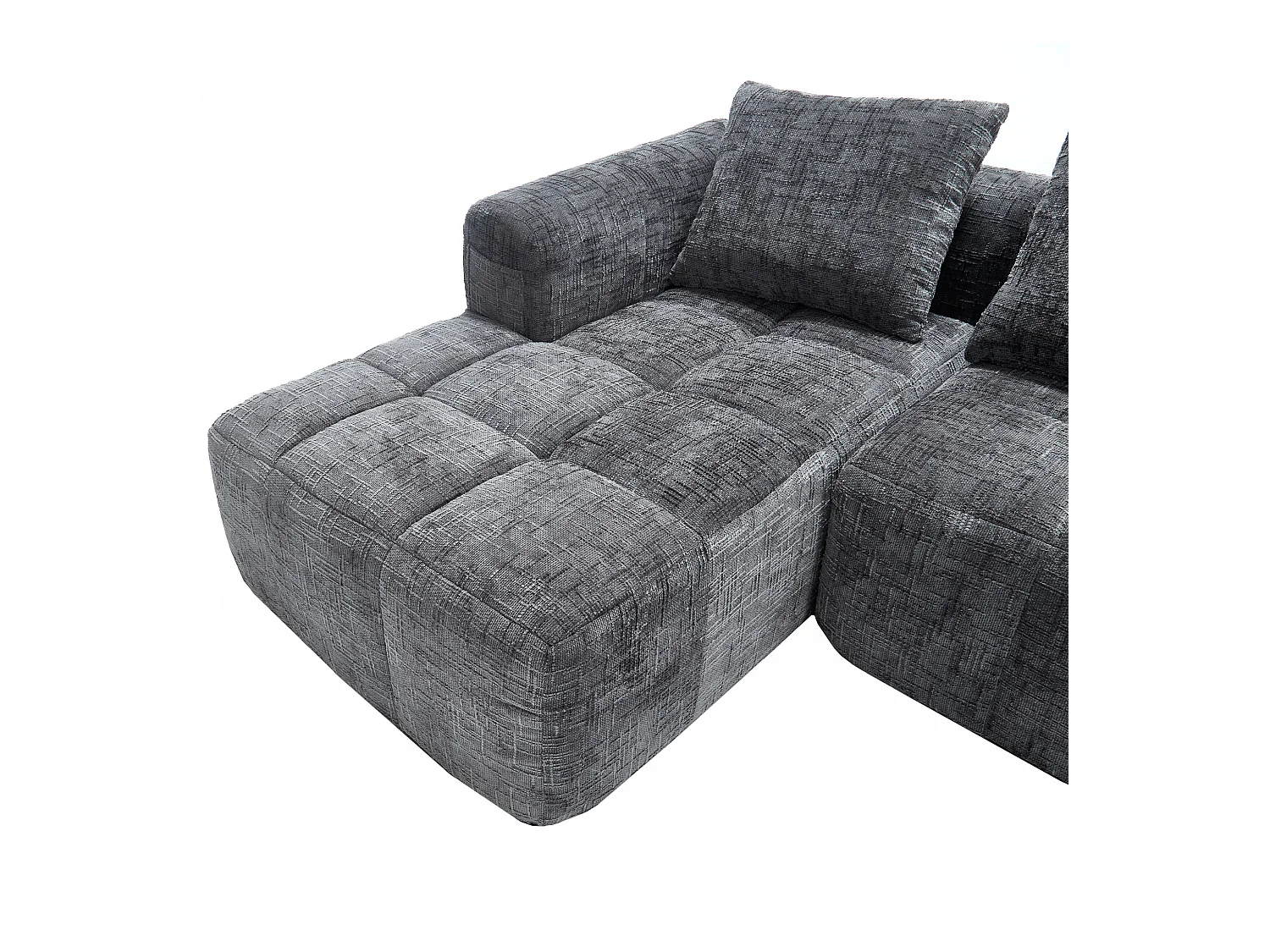 Divano angolare grigio - Divano dritto con tasche portaoggetti e 3 cuscini - con chaise longue e braccioli