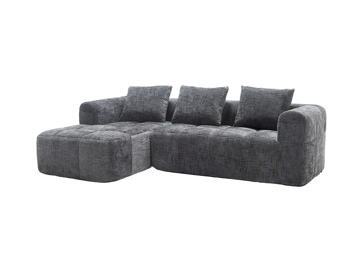 Divano angolare grigio - Divano dritto con tasche portaoggetti e 3 cuscini - con chaise longue e braccioli