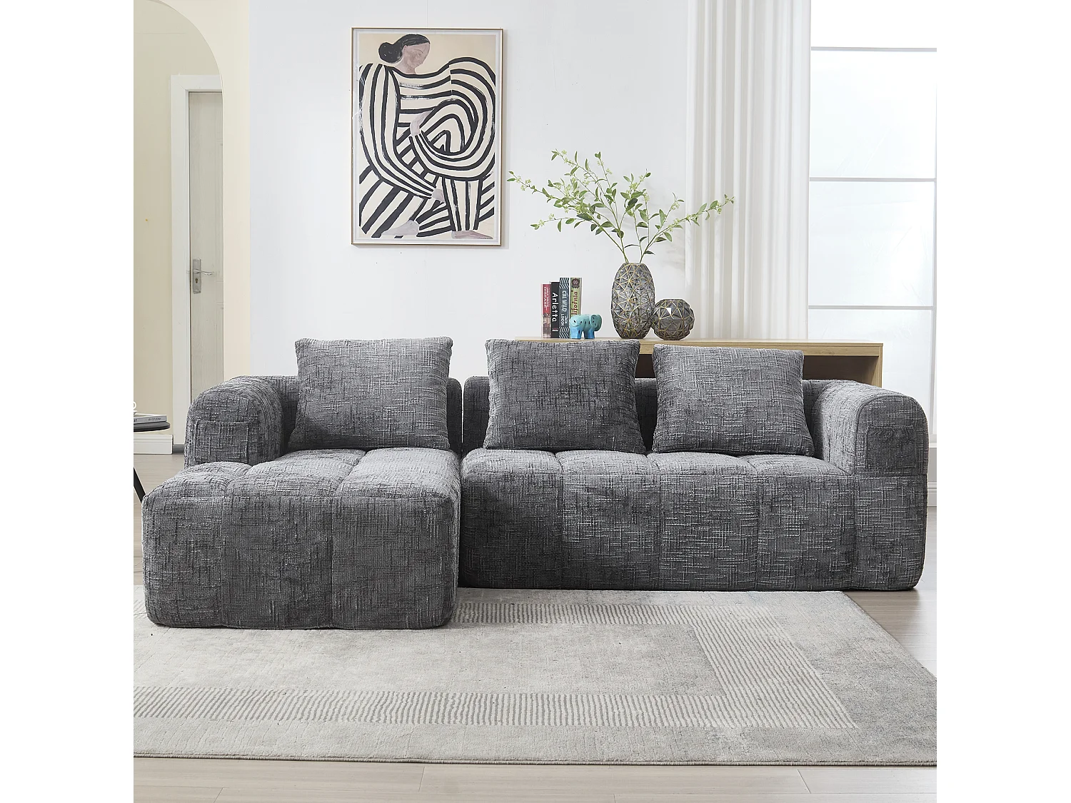 Canapé d'angle gris - Canapé droit avec poches de rangement et 3 coussins - avec méridienne et accoudoirs