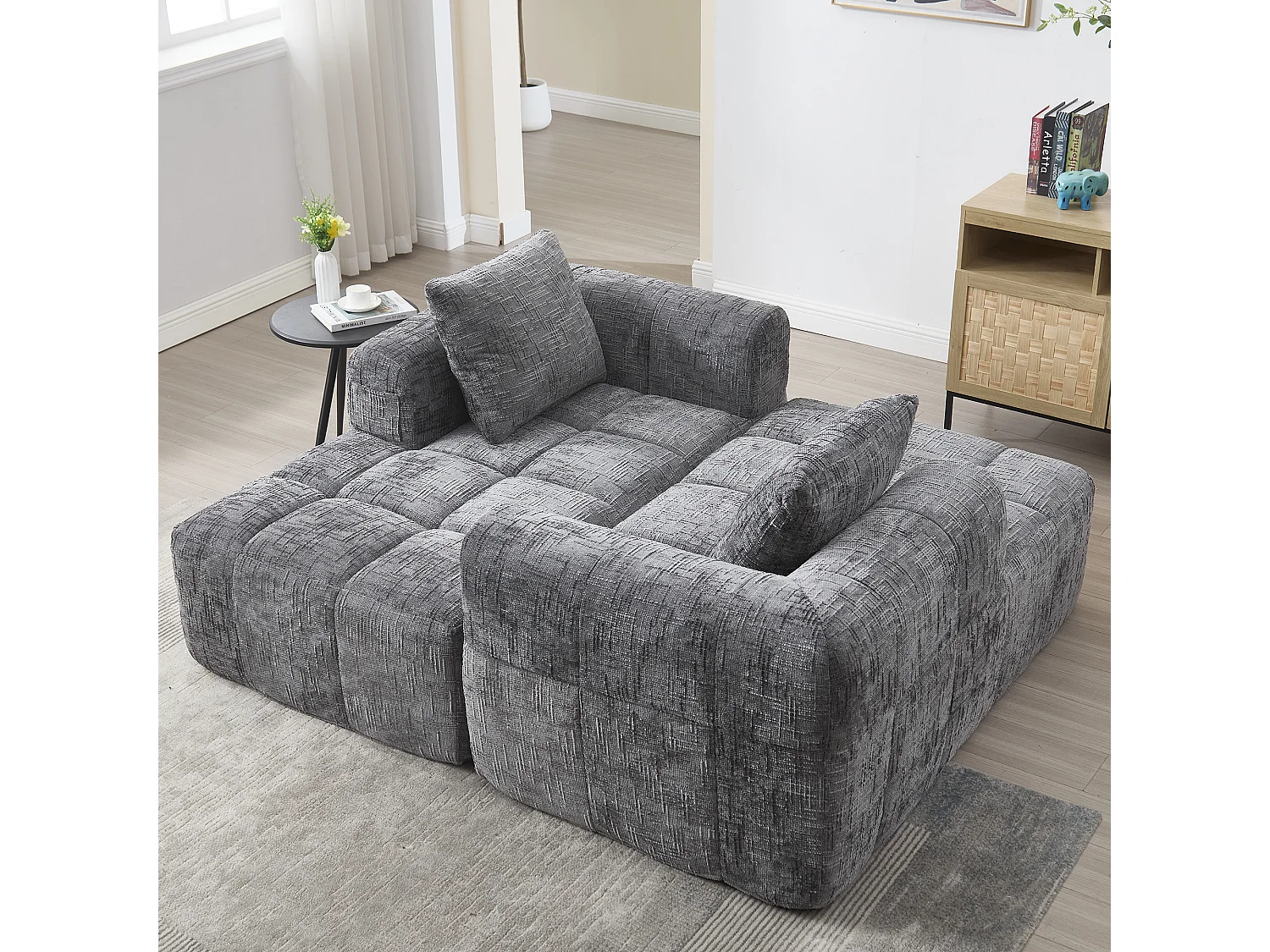 Canapé d'angle gris - Canapé droit avec poches de rangement et 3 coussins - avec méridienne et accoudoirs