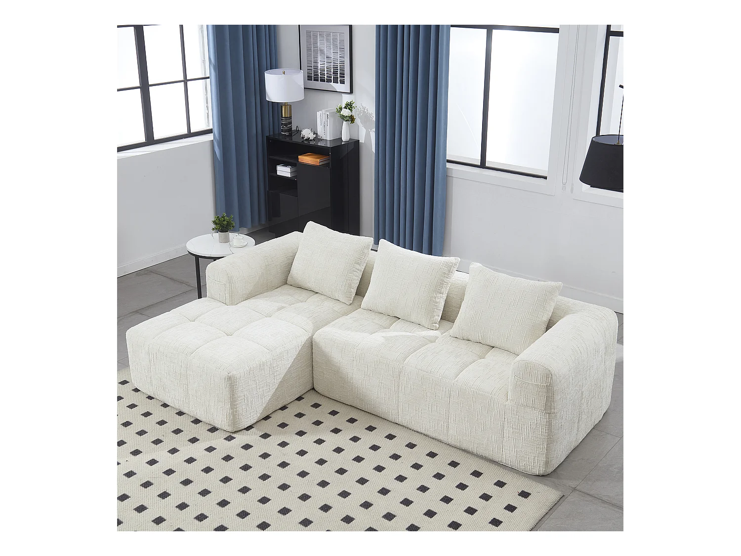 Sofá esquinero beige - Sofá recto con bolsillos de almacenamiento y 3 cojines - con chaise longue y reposabrazos