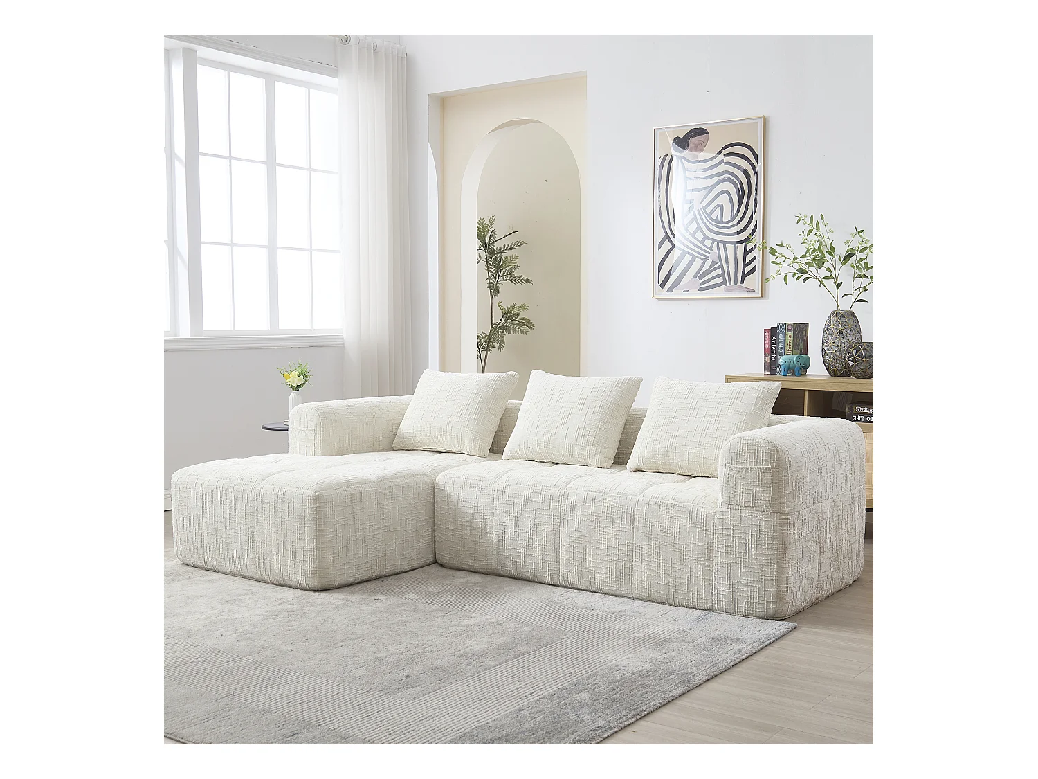 Sofá esquinero beige - Sofá recto con bolsillos de almacenamiento y 3 cojines - con chaise longue y reposabrazos