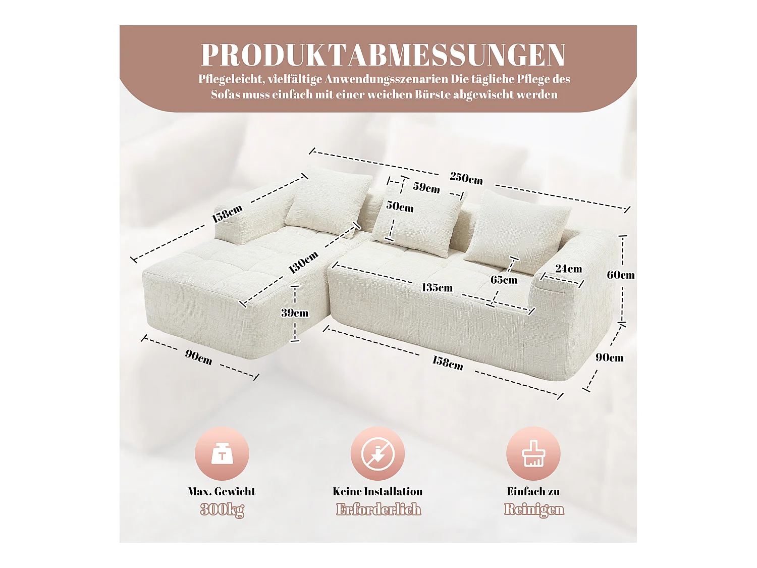 Sofá esquinero beige - Sofá recto con bolsillos de almacenamiento y 3 cojines - con chaise longue y reposabrazos