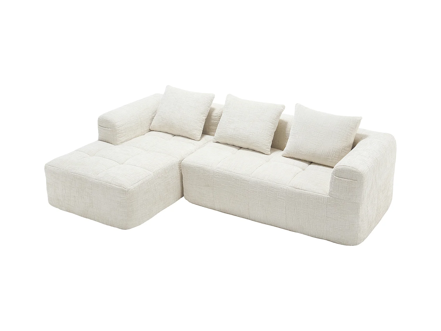 Sofá esquinero beige - Sofá recto con bolsillos de almacenamiento y 3 cojines - con chaise longue y reposabrazos