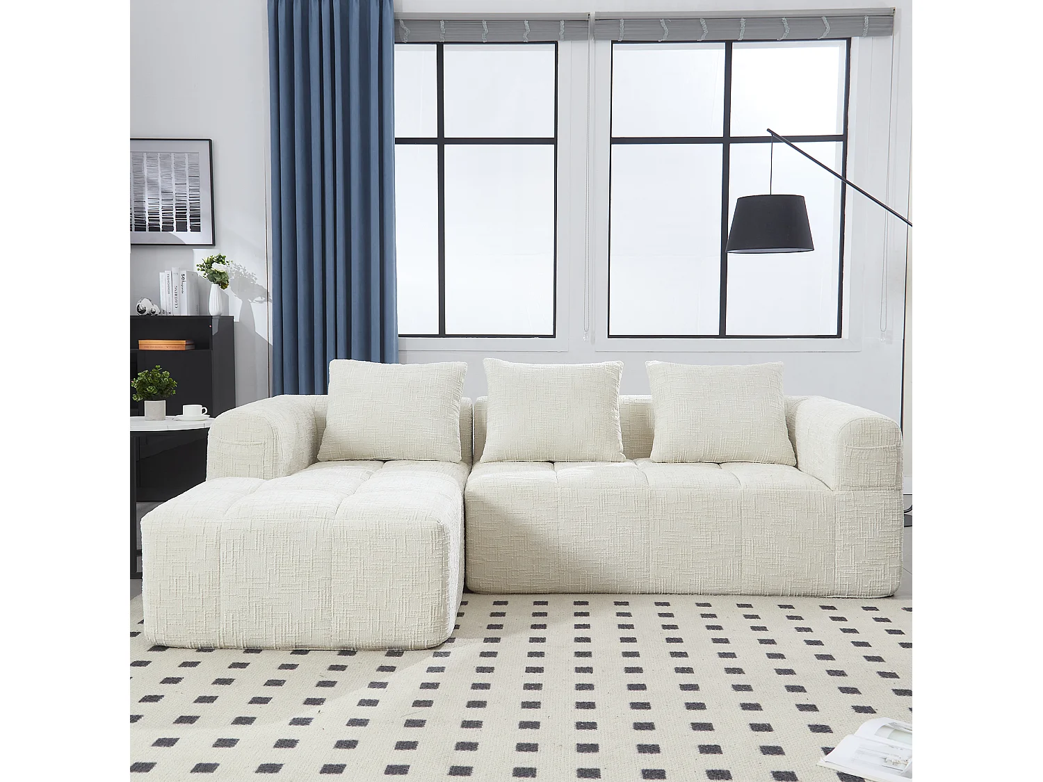 Canapé d'angle beige - Canapé droit avec poches de rangement et 3 coussins - avec méridienne et accoudoirs