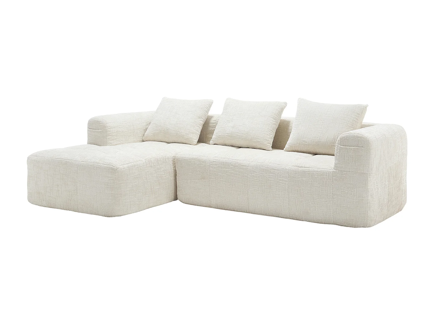 Canapé d'angle beige - Canapé droit avec poches de rangement et 3 coussins - avec méridienne et accoudoirs