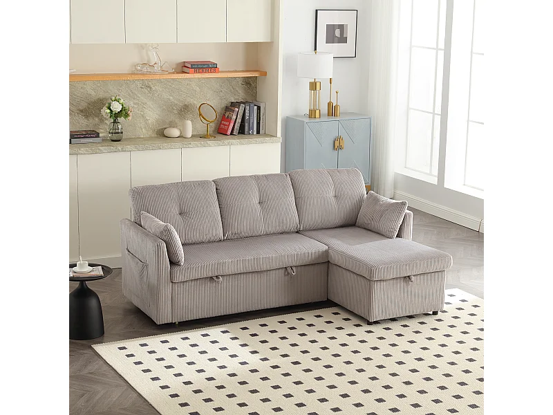 Canapé d'angle droit - Canapé avec coussins et assise coffre - poches latérales de rangement - gris clair