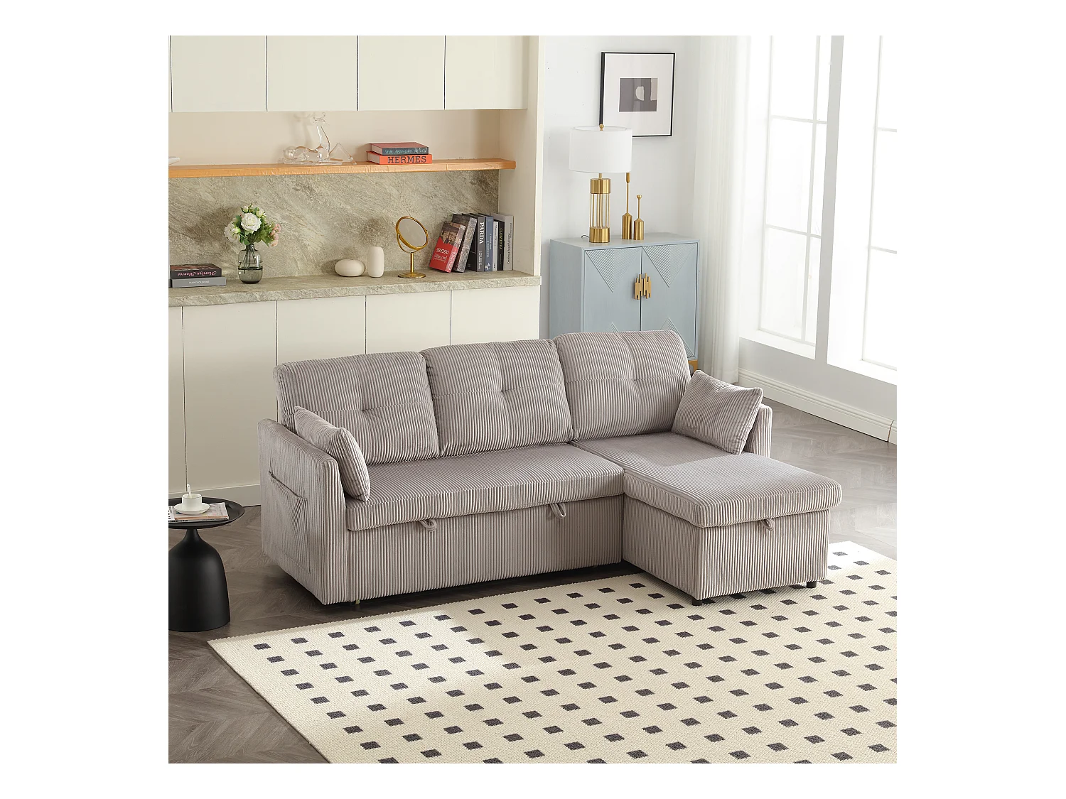 Canapé d'angle droit - Canapé avec coussins et assise coffre - poches latérales de rangement - gris clair