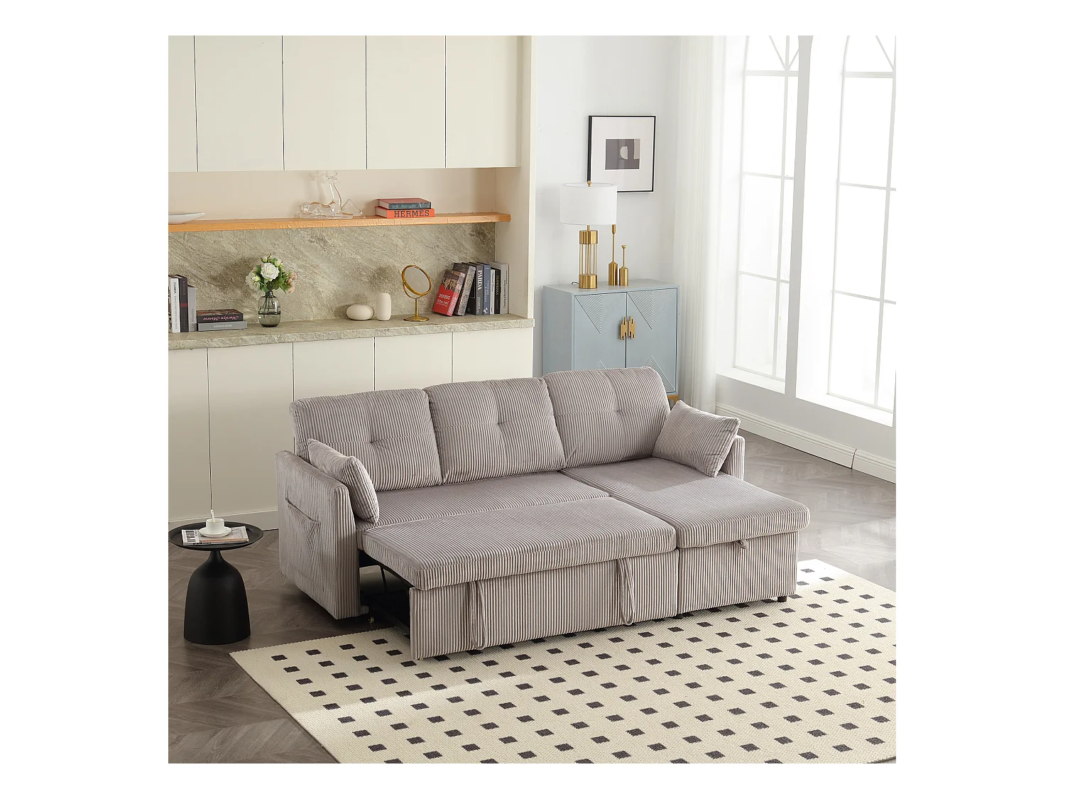 Canapé d'angle droit - Canapé avec coussins et assise coffre - poches latérales de rangement - gris clair