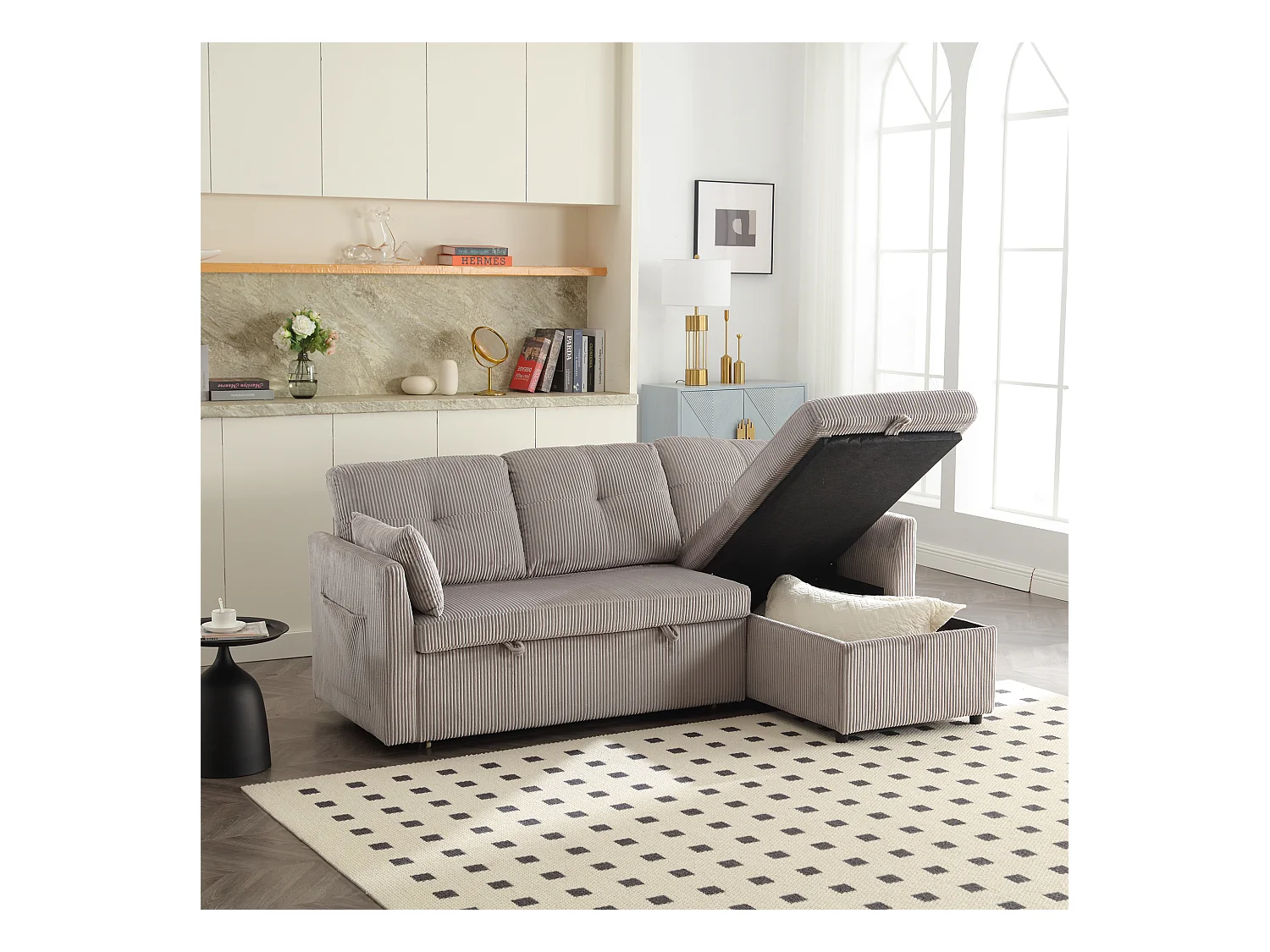 Canapé d'angle droit - Canapé avec coussins et assise coffre - poches latérales de rangement - gris clair