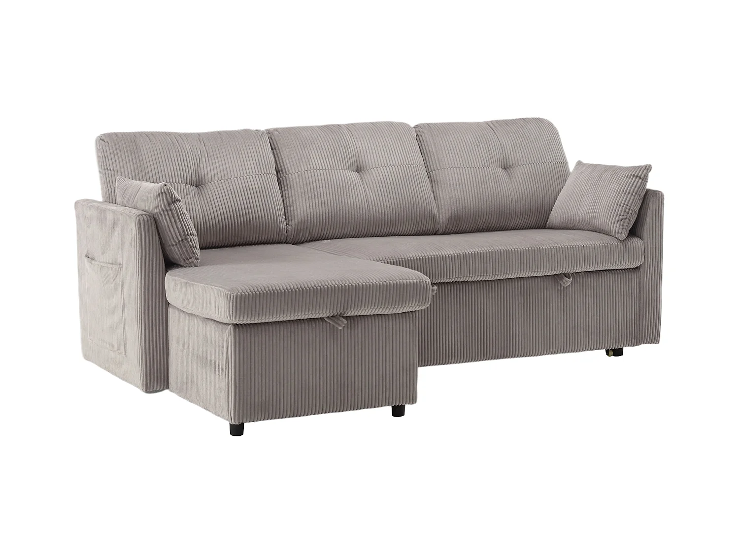 Canapé d'angle droit - Canapé avec coussins et assise coffre - poches latérales de rangement - gris clair