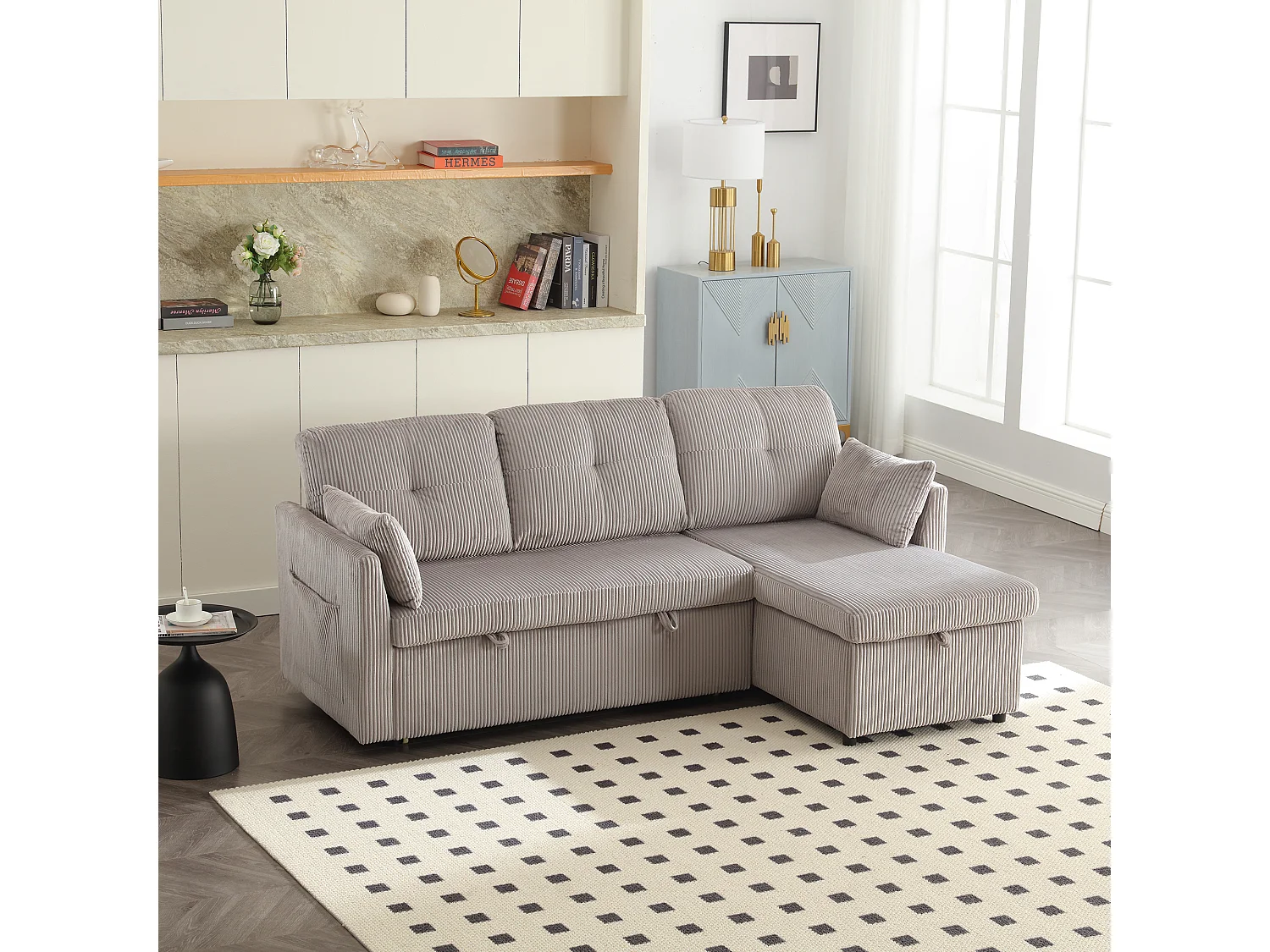 Canapé d'angle droit - Canapé avec coussins et assise coffre - poches latérales de rangement - gris clair