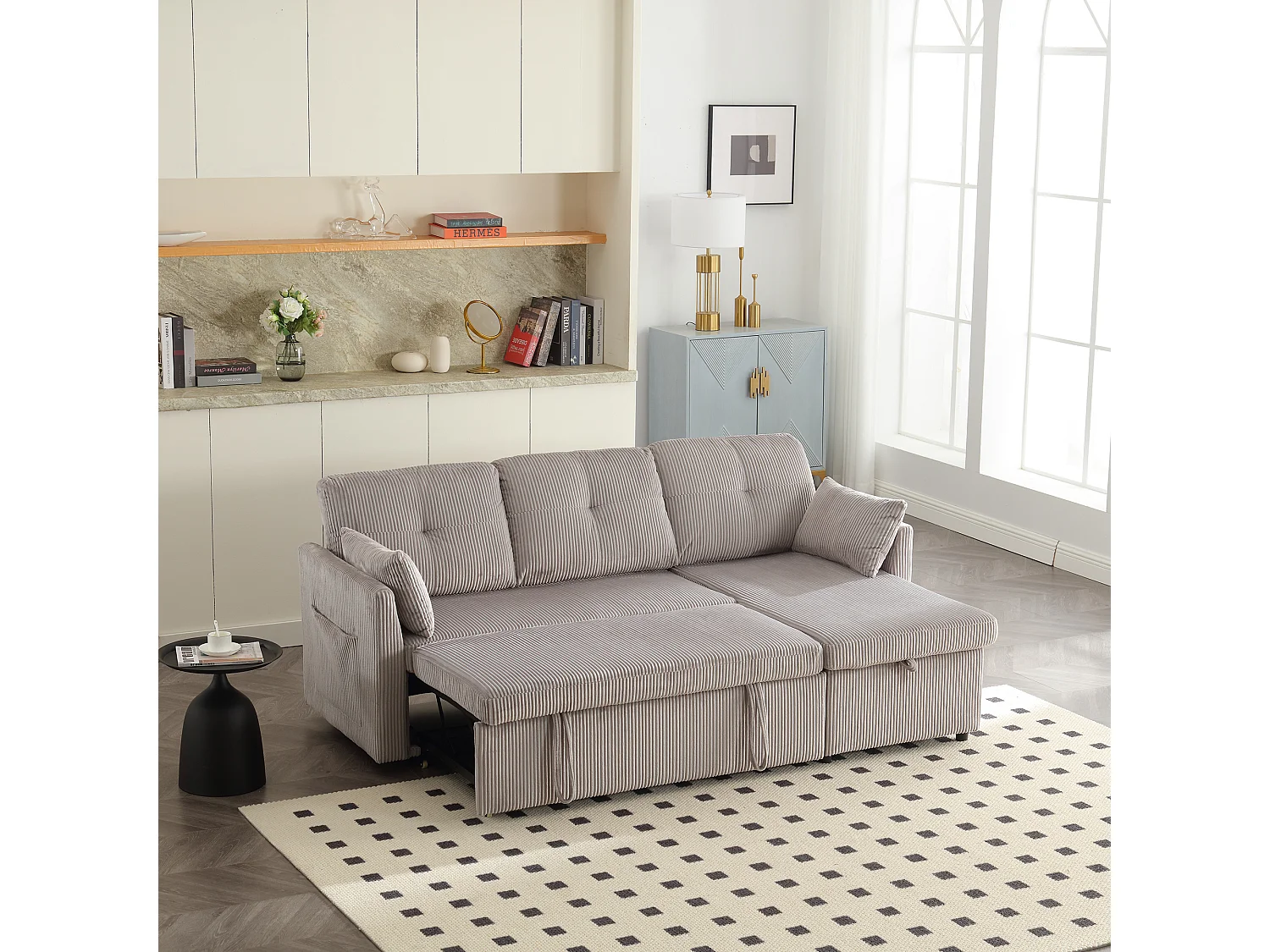 Canapé d'angle droit - Canapé avec coussins et assise coffre - poches latérales de rangement - gris clair