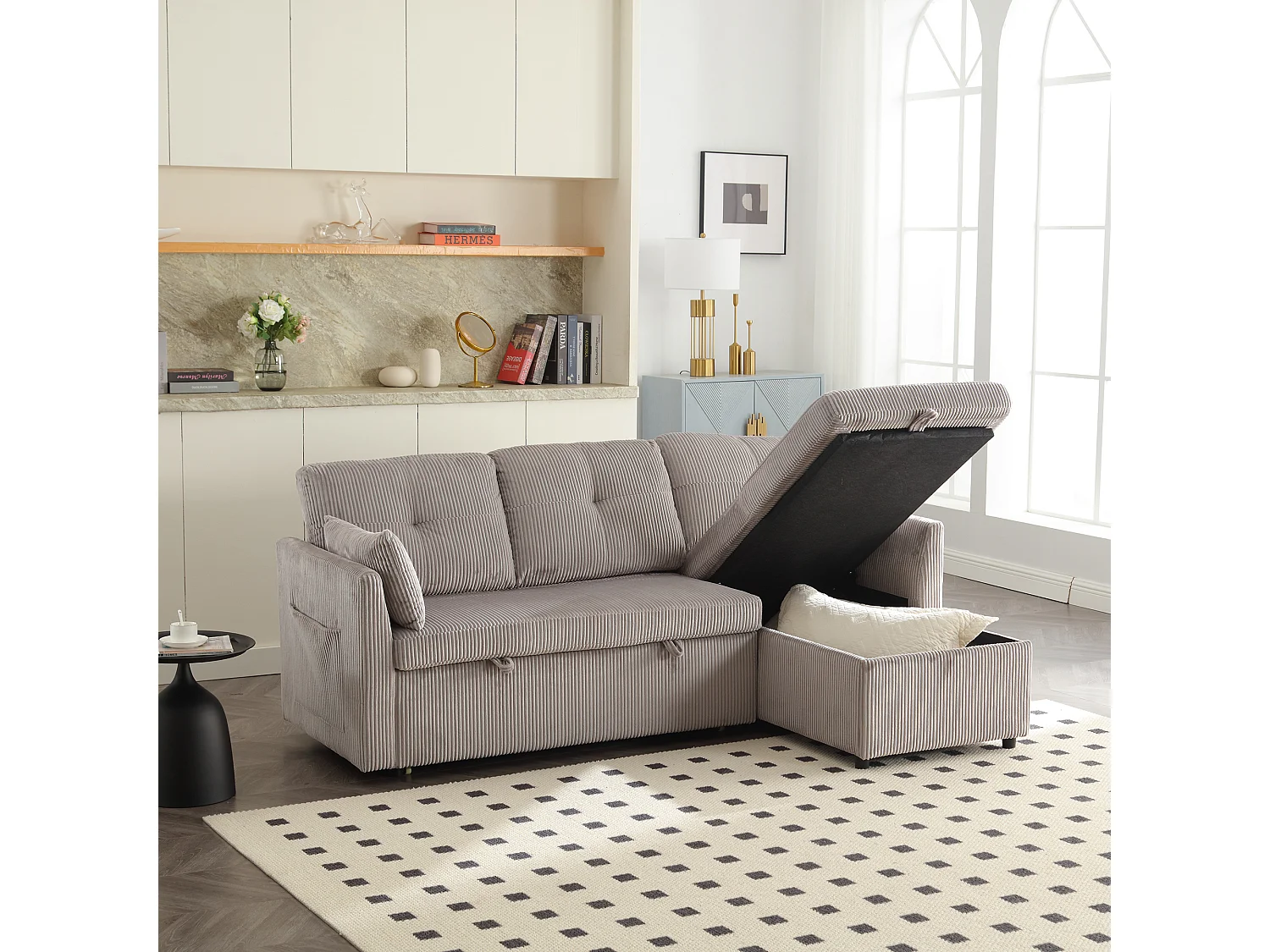 Canapé d'angle droit - Canapé avec coussins et assise coffre - poches latérales de rangement - gris clair