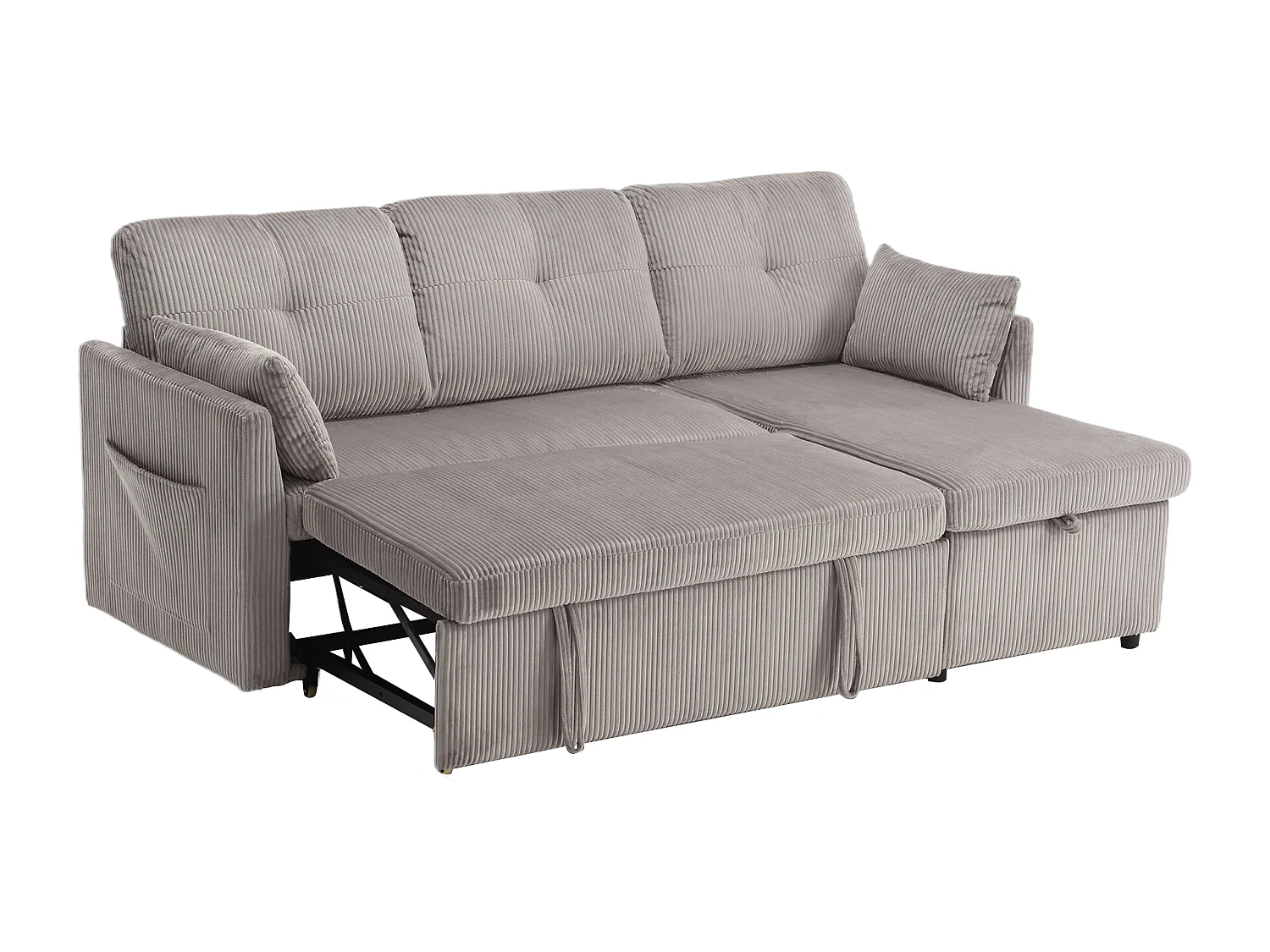 Canapé d'angle droit - Canapé avec coussins et assise coffre - poches latérales de rangement - gris clair