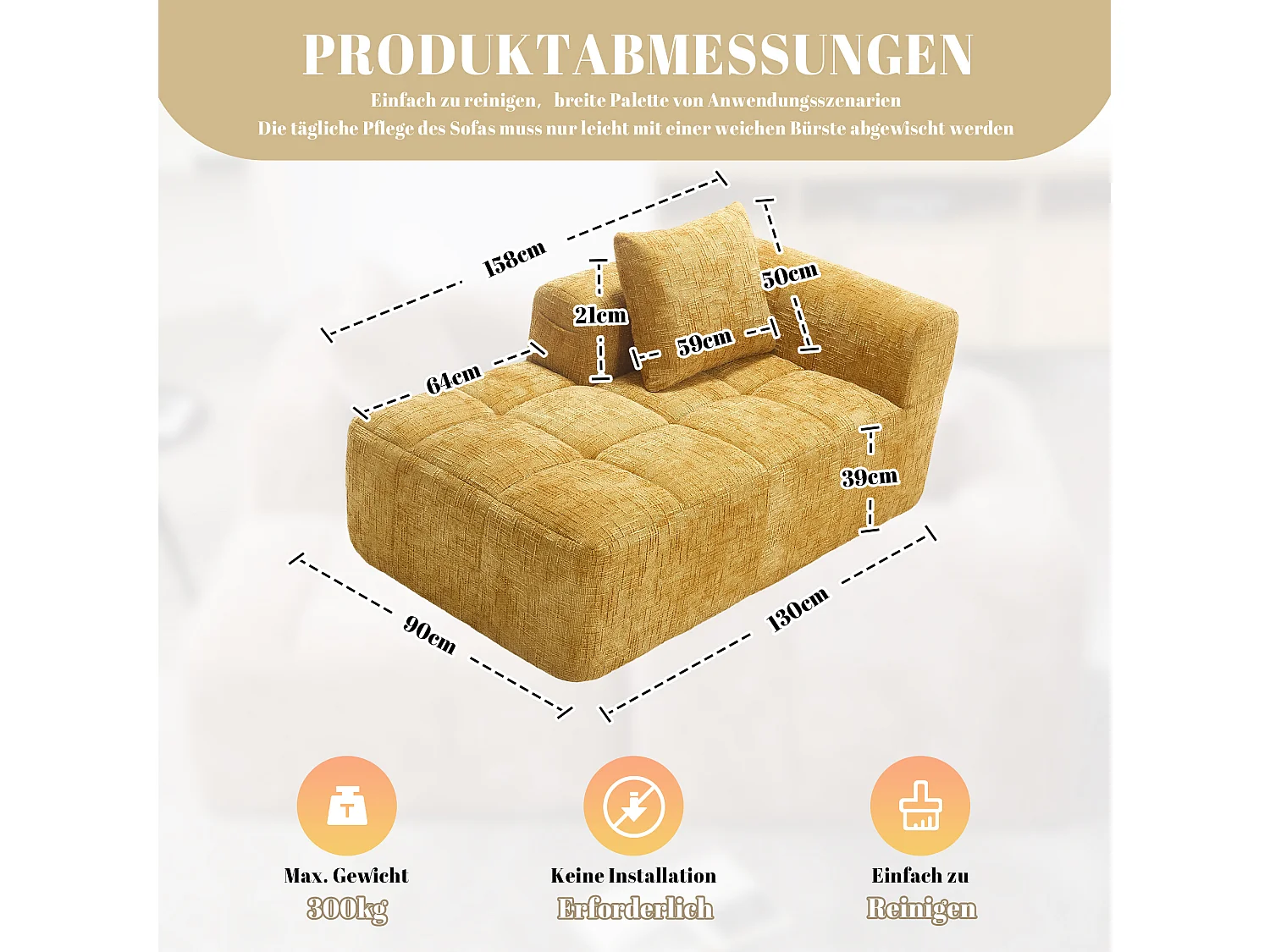 Gelb 1-Sitzer-Sofa - Gerades Sofa mit Kissen und Aufbewahrungstaschen - schneemuster