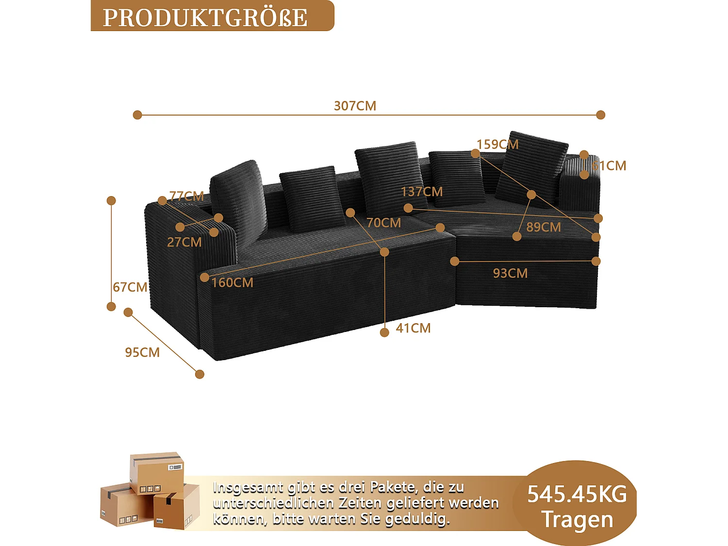 Hoekbank - Bank met kussens en armleuningen - zwart - voor woonkamer en slaapkamer
