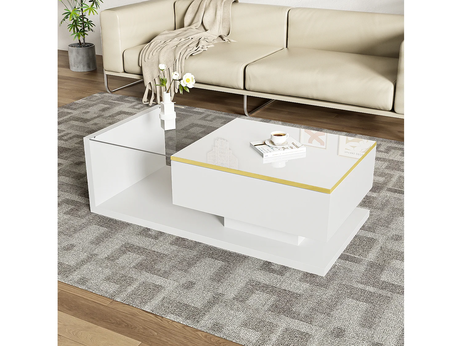 Mesa de centro blanca 100 cm - Mesa de centro con iluminación LED y separadores de espacio - espacio abierto - para sala de estar