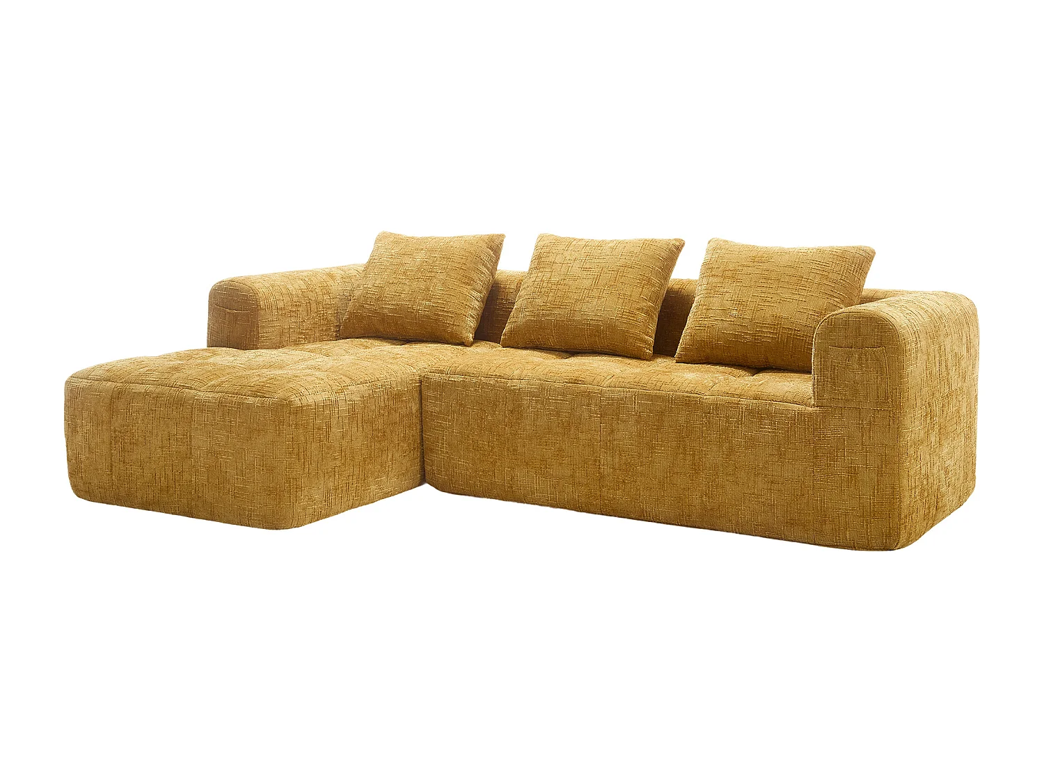 Canapé d'angle jaune - Canapé droit avec poches de rangement et 3 coussins - avec méridienne et accoudoirs