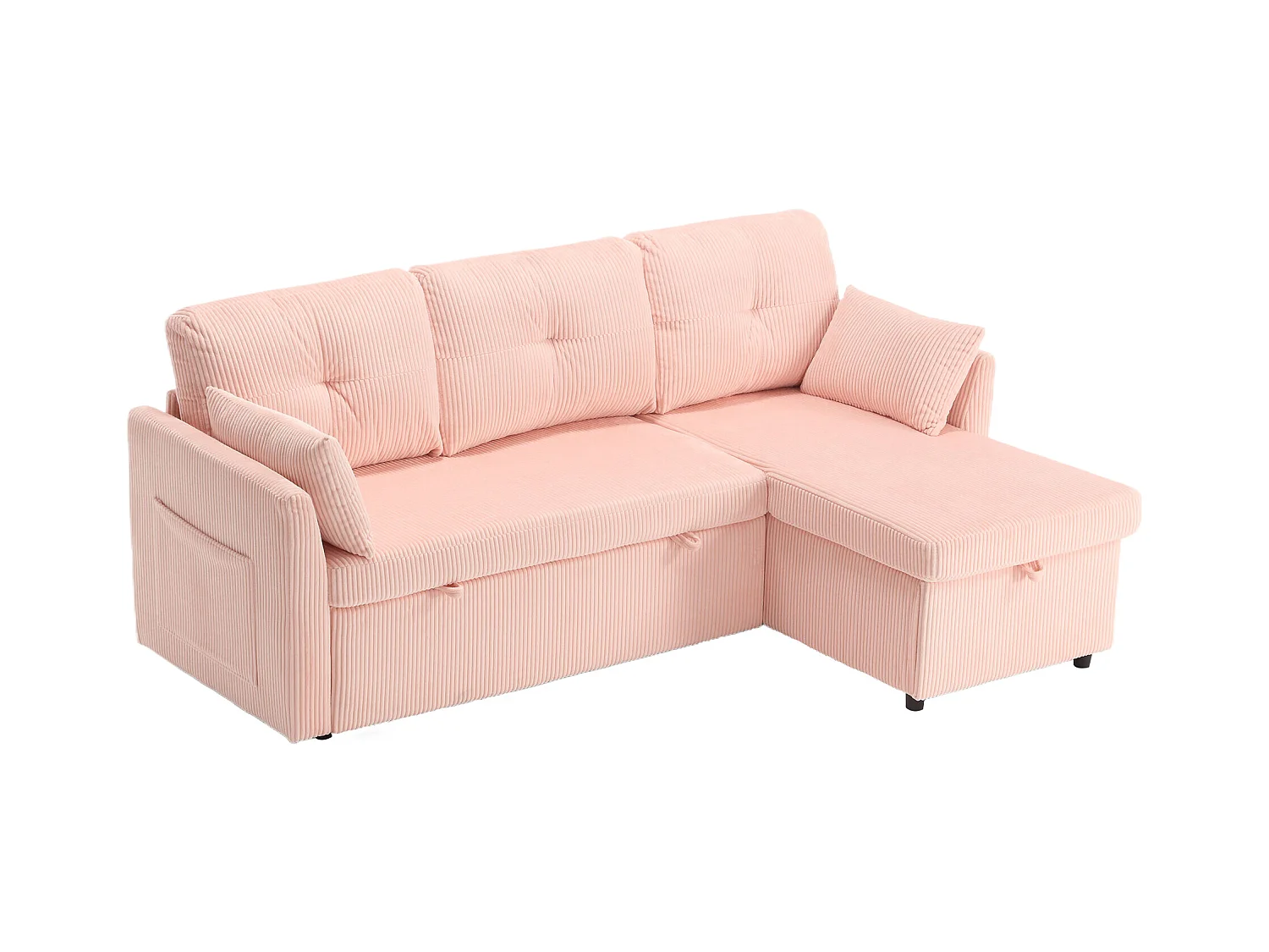 Canapé d'angle droit - Canapé avec coussins et assise coffre - poches latérales de rangement - rose