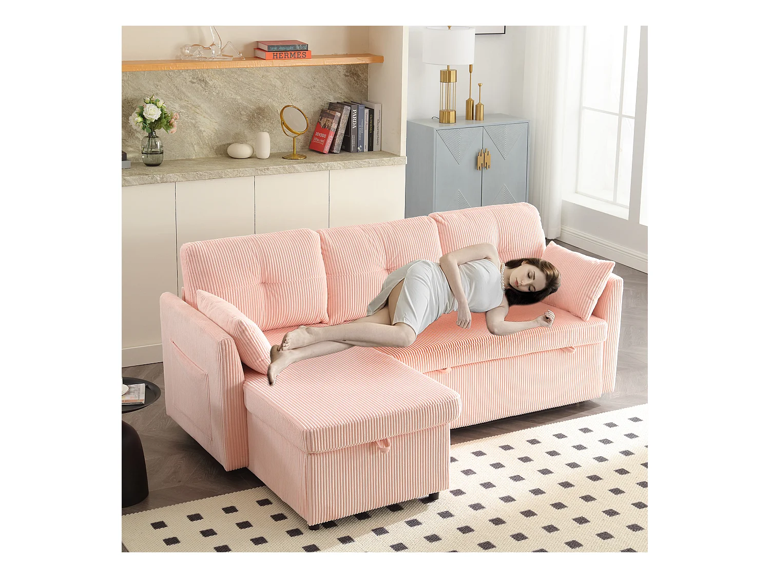 Canapé d'angle droit - Canapé avec coussins et assise coffre - poches latérales de rangement - rose
