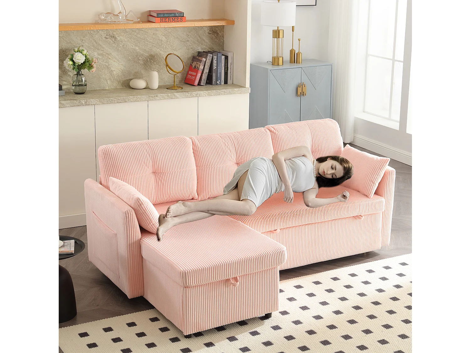 Ecksofa rechts - Sofa mit Kissen und Sitzfläche mit Stauraum - seitliche stautaschen - rose