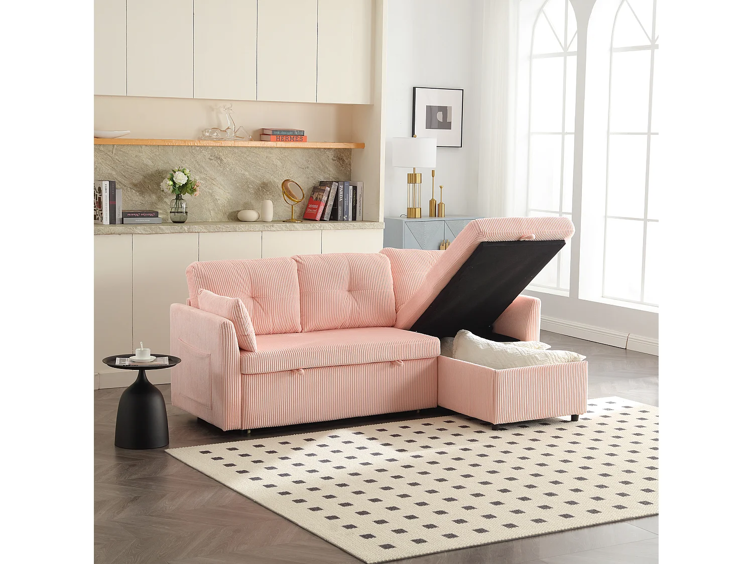 Ecksofa rechts - Sofa mit Kissen und Sitzfläche mit Stauraum - seitliche stautaschen - rose