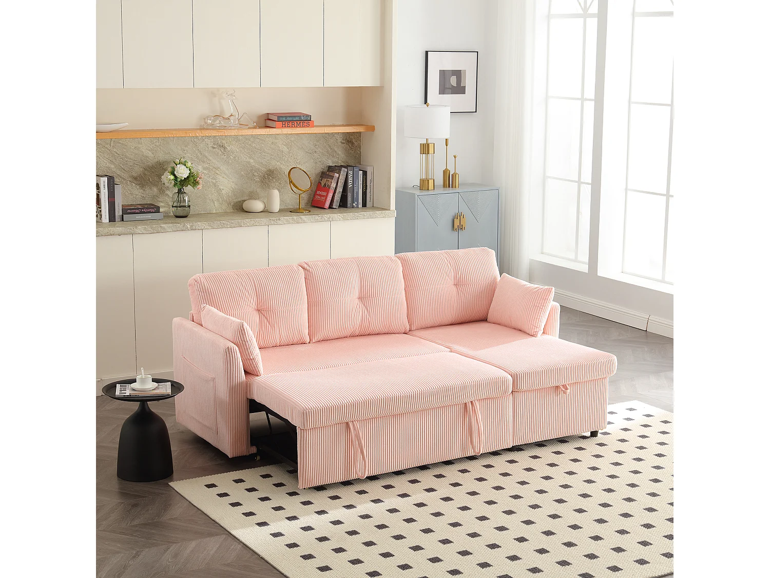 Ecksofa rechts - Sofa mit Kissen und Sitzfläche mit Stauraum - seitliche stautaschen - rose