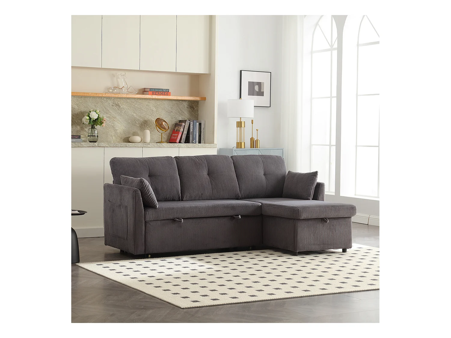 Canapé d'angle droit - Canapé avec coussins et assise coffre - poches latérales de rangement - gris foncé