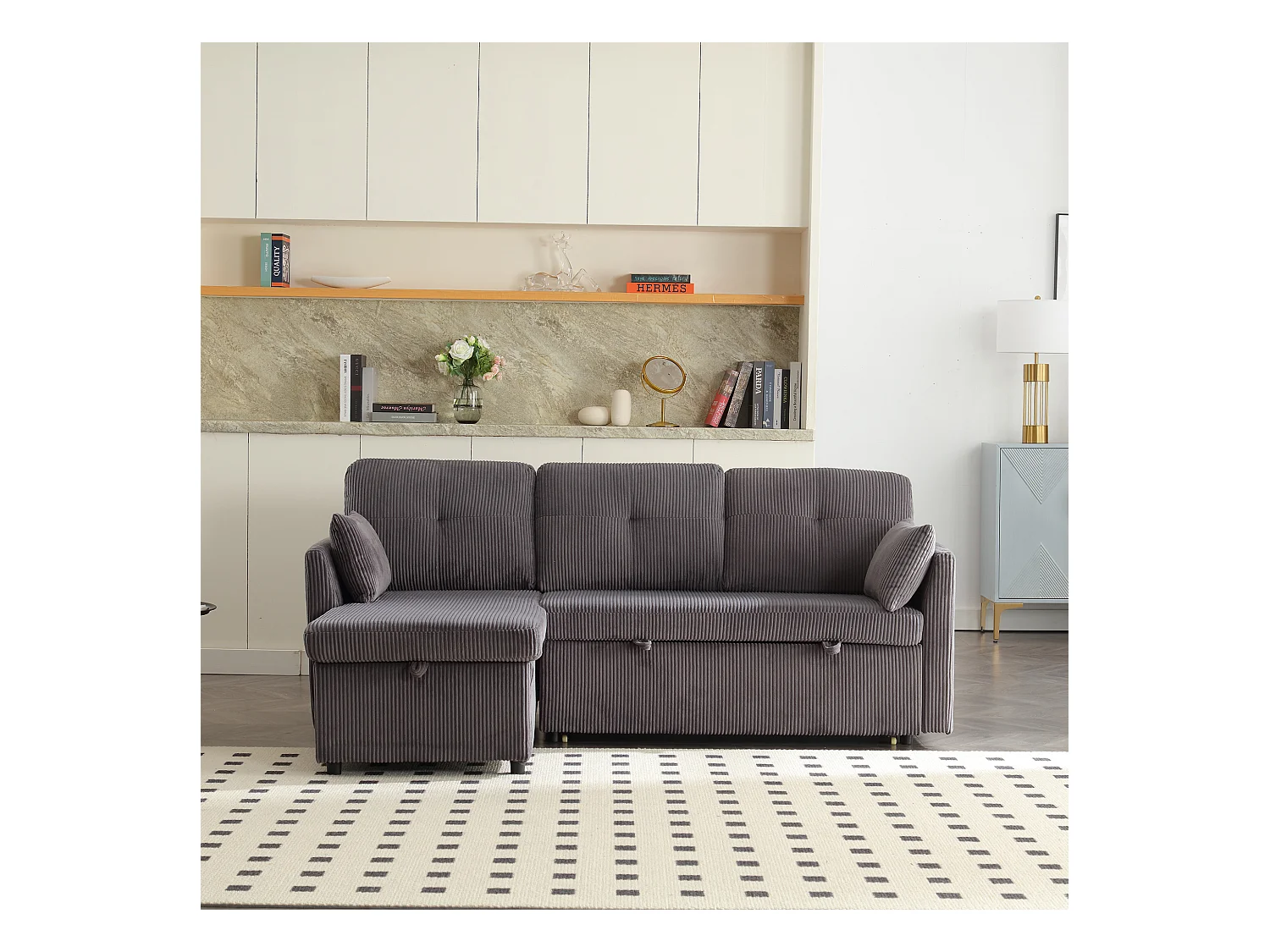 Canapé d'angle droit - Canapé avec coussins et assise coffre - poches latérales de rangement - gris foncé