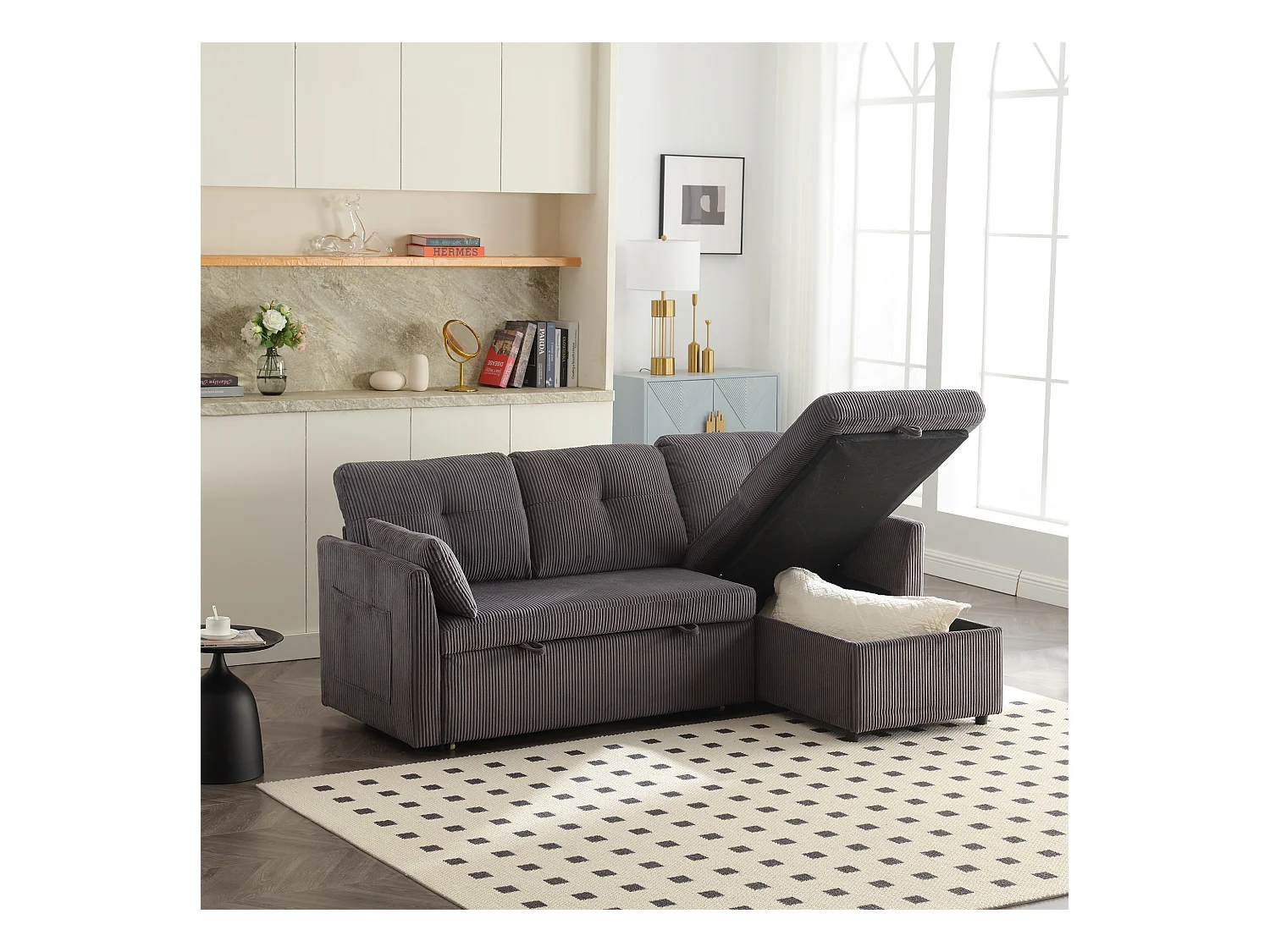 Canapé d'angle droit - Canapé avec coussins et assise coffre - poches latérales de rangement - gris foncé