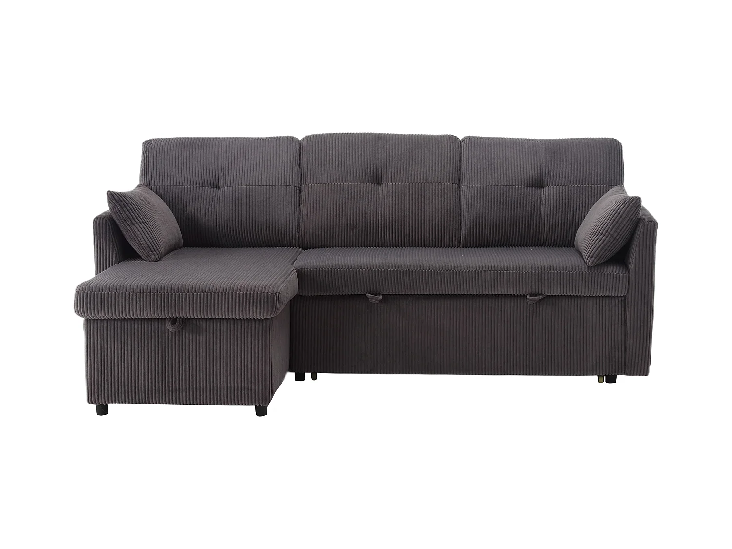 Canapé d'angle droit - Canapé avec coussins et assise coffre - poches latérales de rangement - gris foncé