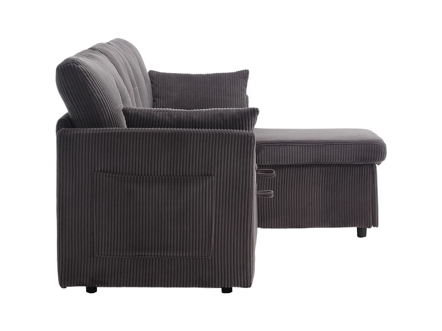 Canapé d'angle droit - Canapé avec coussins et assise coffre - poches latérales de rangement - gris foncé