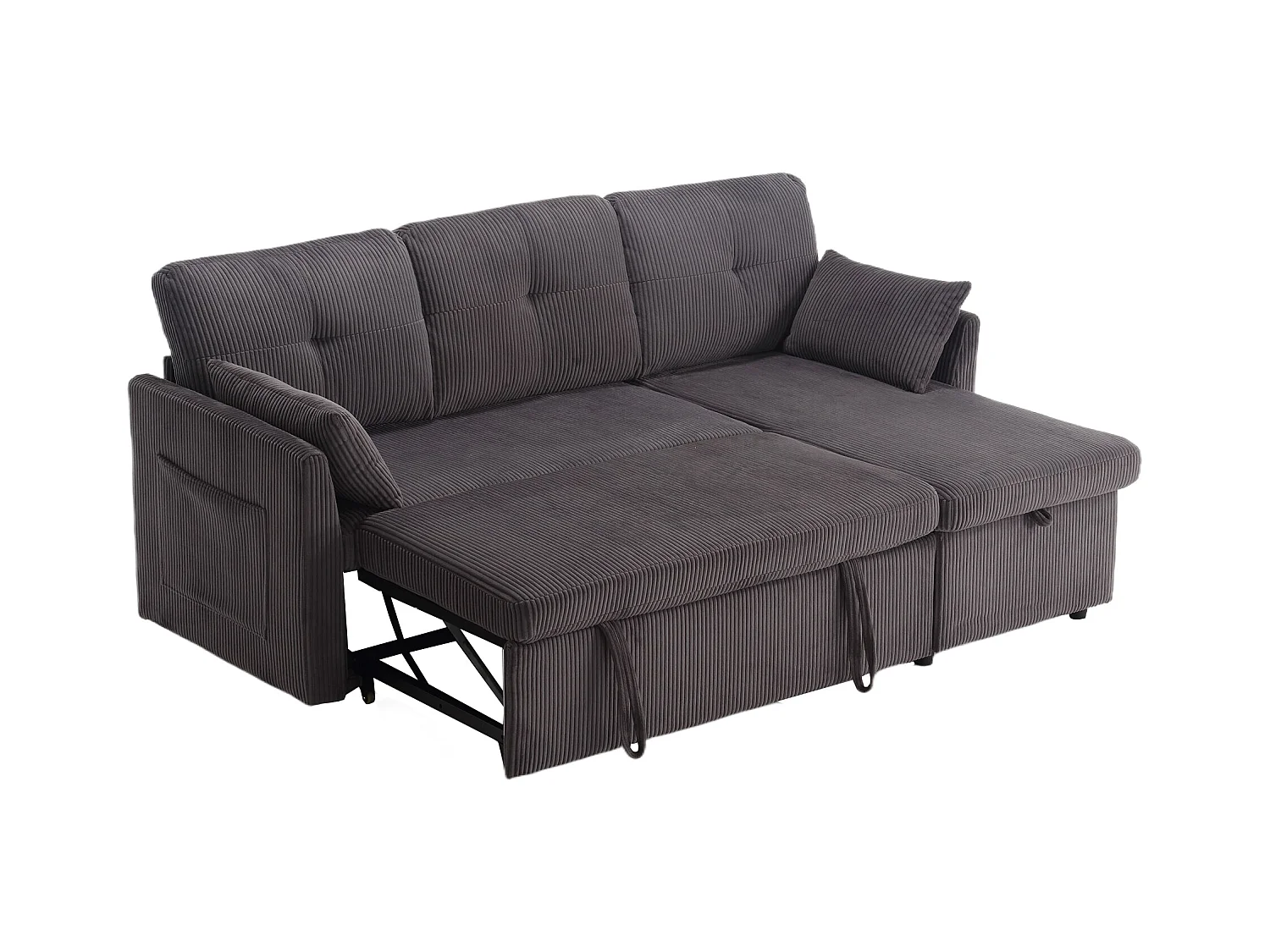 Canapé d'angle droit - Canapé avec coussins et assise coffre - poches latérales de rangement - gris foncé