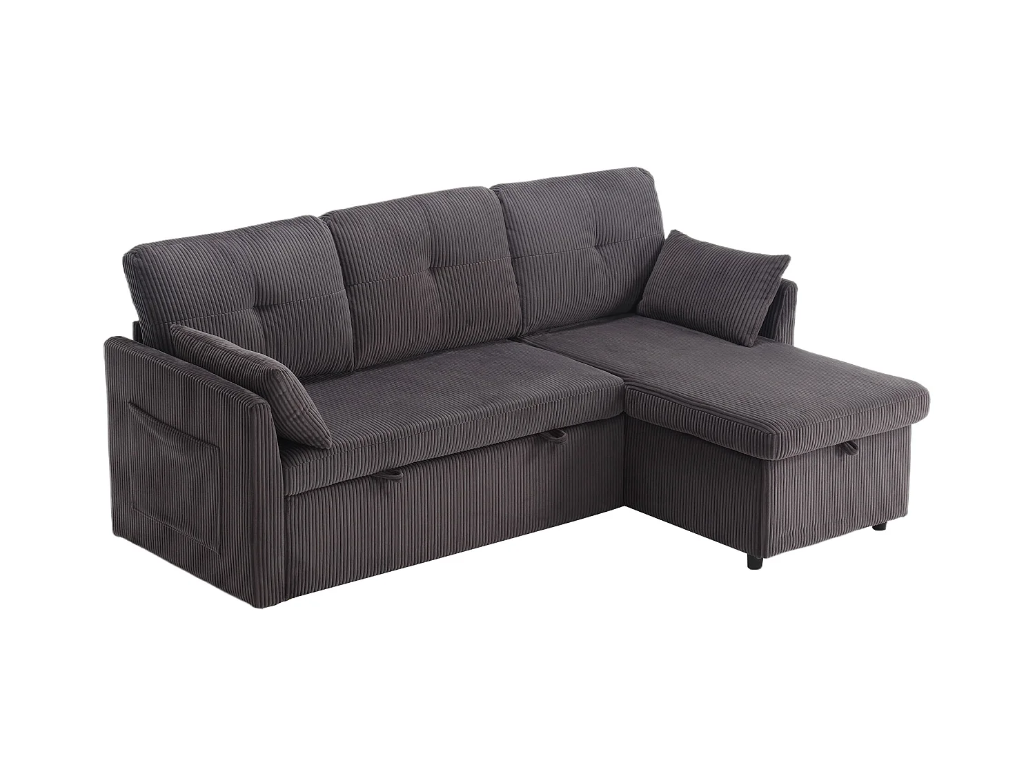 Canapé d'angle droit - Canapé avec coussins et assise coffre - poches latérales de rangement - gris foncé