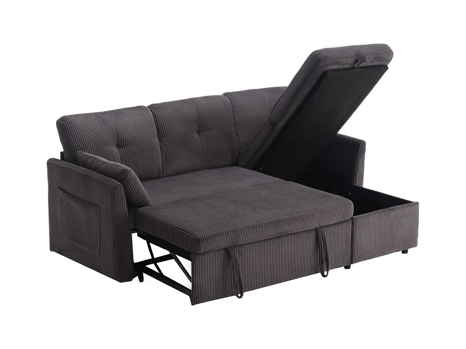 Canapé d'angle droit - Canapé avec coussins et assise coffre - poches latérales de rangement - gris foncé