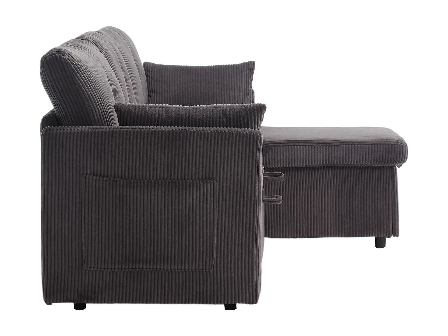 Canapé d'angle droit - Canapé avec coussins et assise coffre - poches latérales de rangement - gris foncé