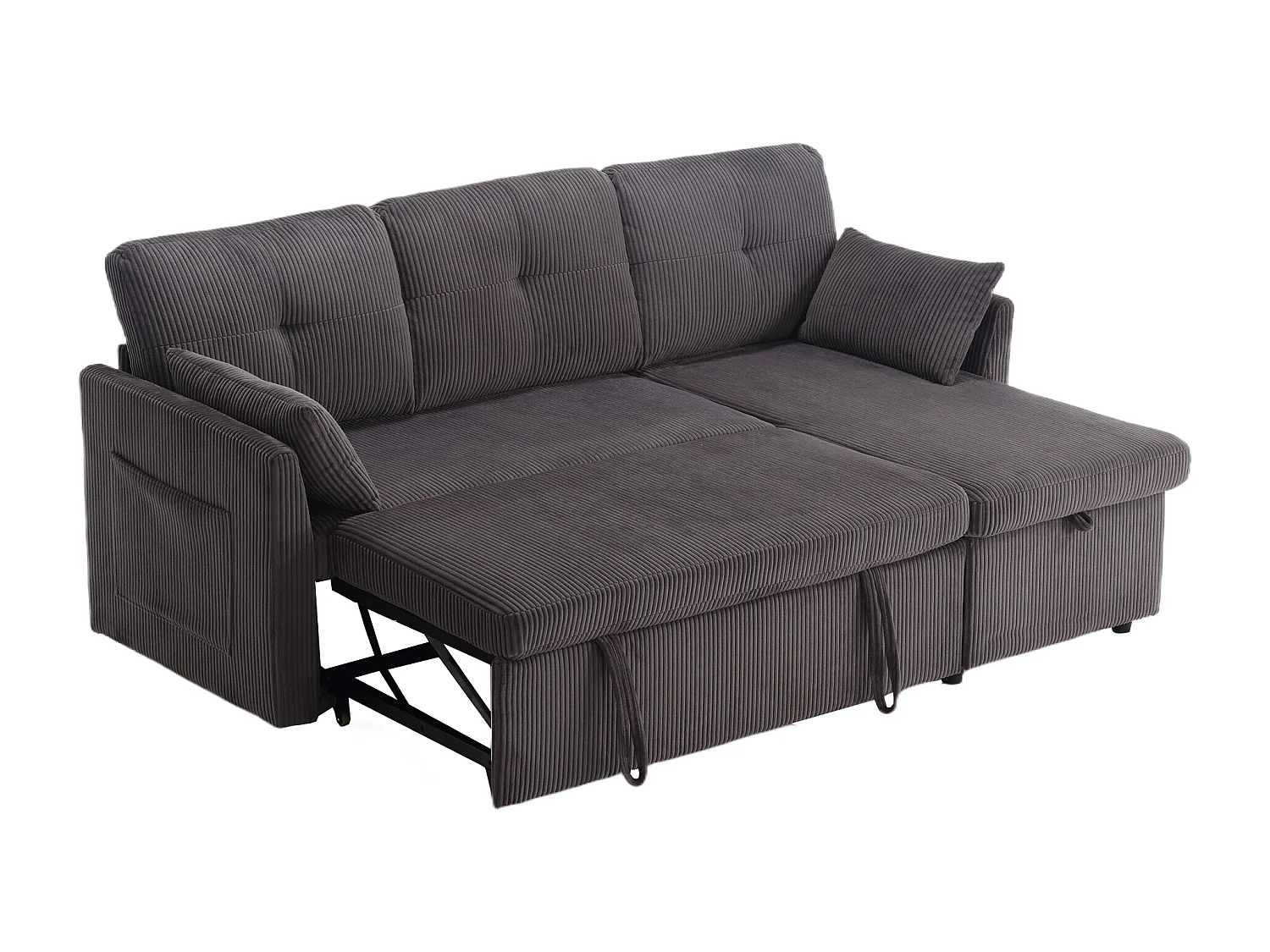 Canapé d'angle droit - Canapé avec coussins et assise coffre - poches latérales de rangement - gris foncé