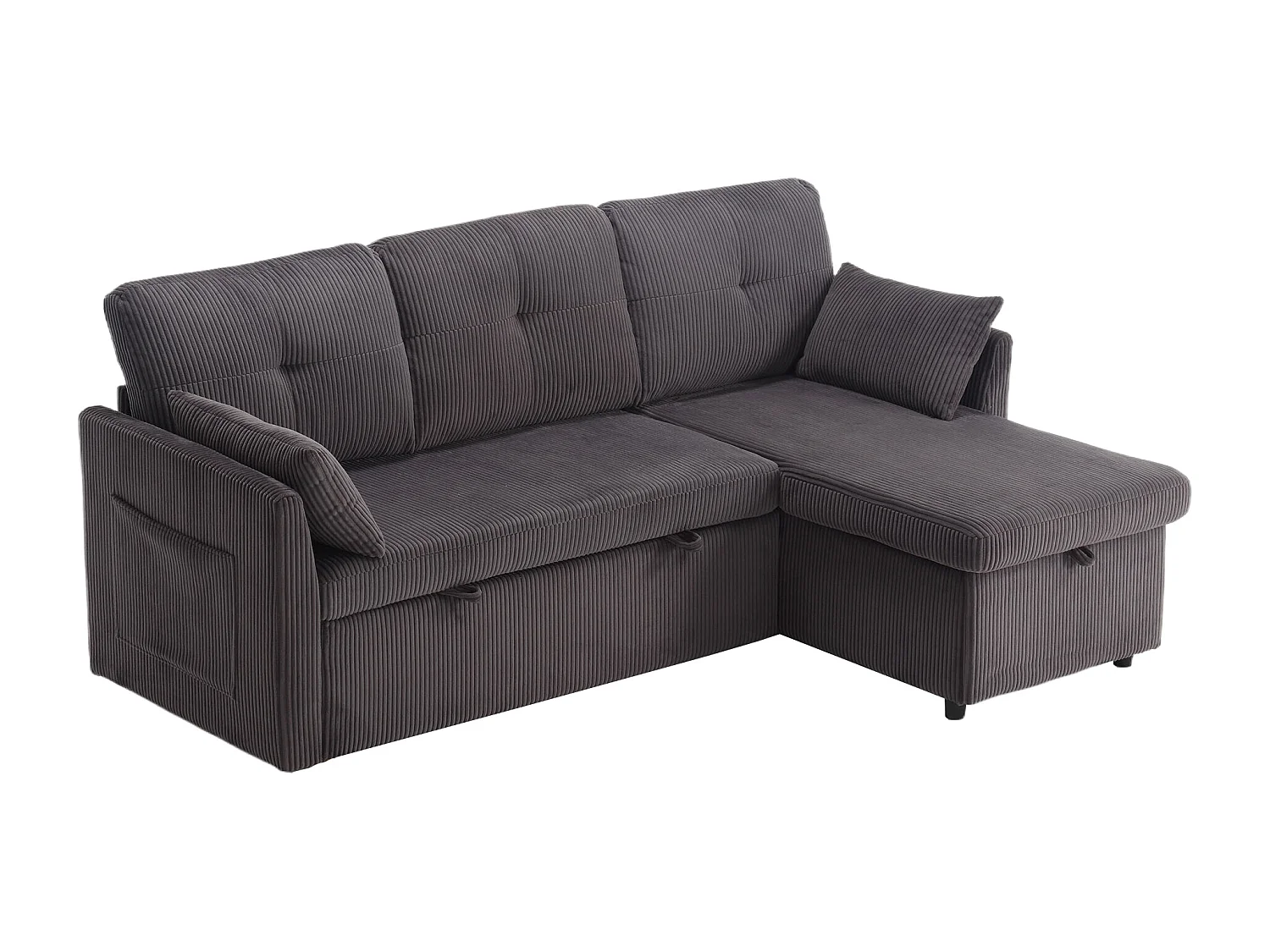 Canapé d'angle droit - Canapé avec coussins et assise coffre - poches latérales de rangement - gris foncé