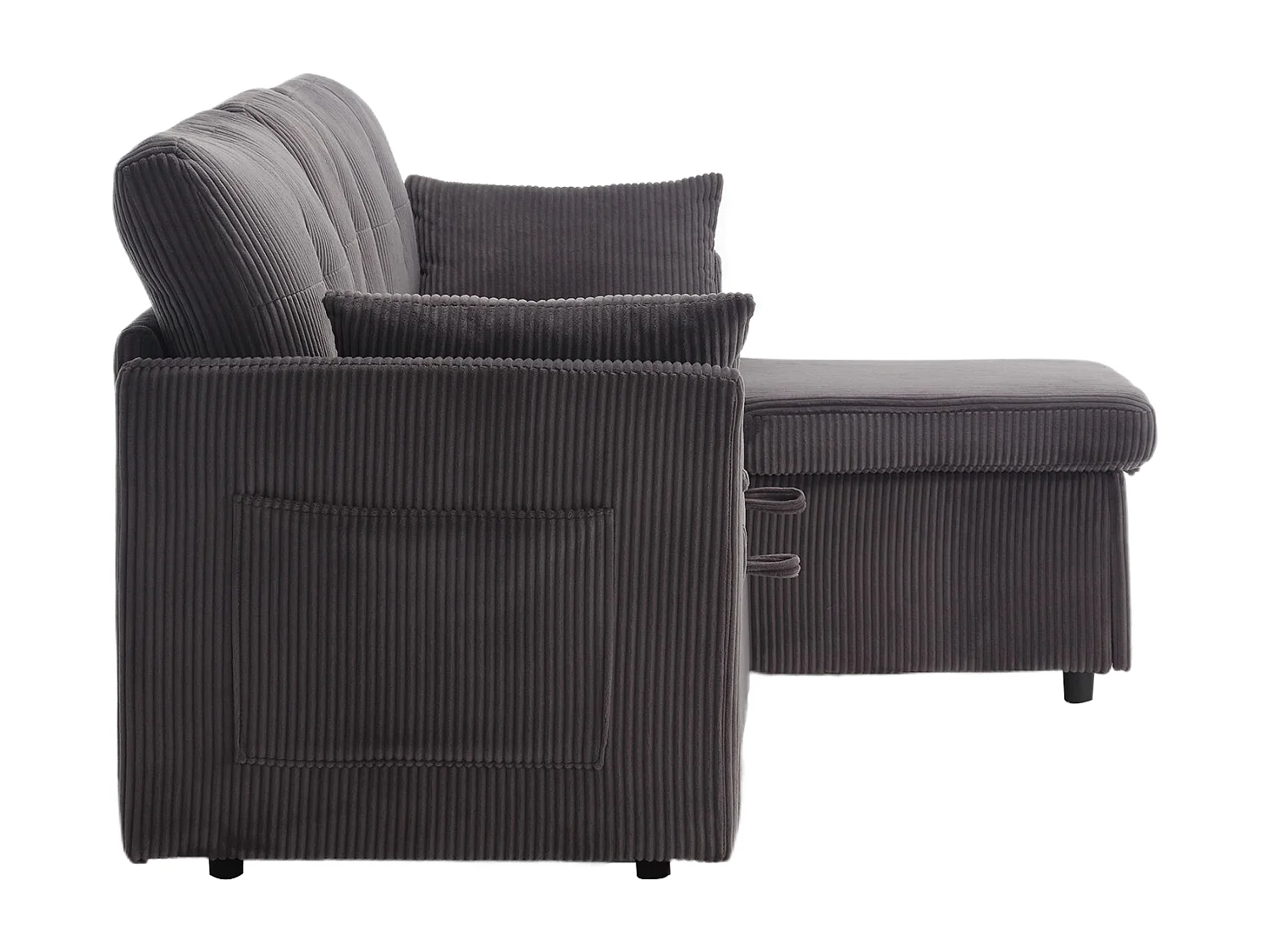 Canapé d'angle droit - Canapé avec coussins et assise coffre - poches latérales de rangement - gris foncé