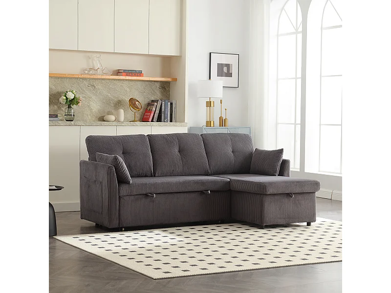 Canapé d'angle droit - Canapé avec coussins et assise coffre - poches latérales de rangement - gris foncé