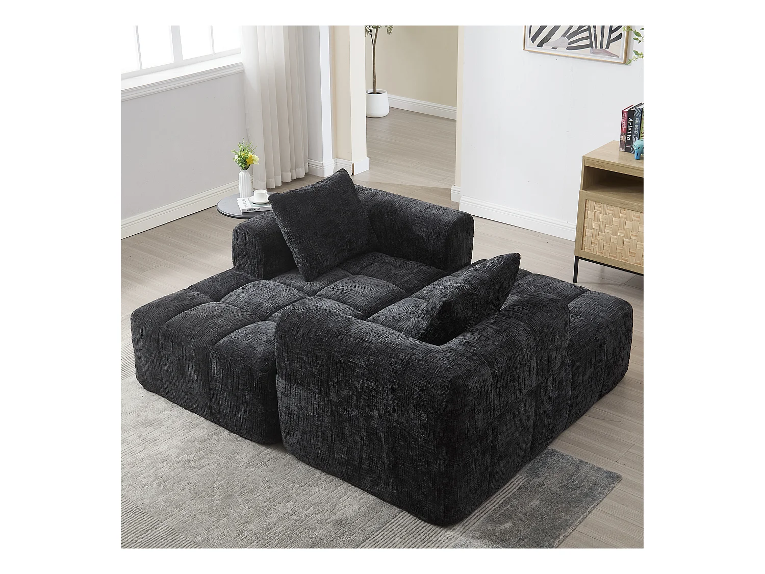 Czarna sofa 1-osobowa - Prosta sofa z poduszkami i kieszeniami - wzór śniegu