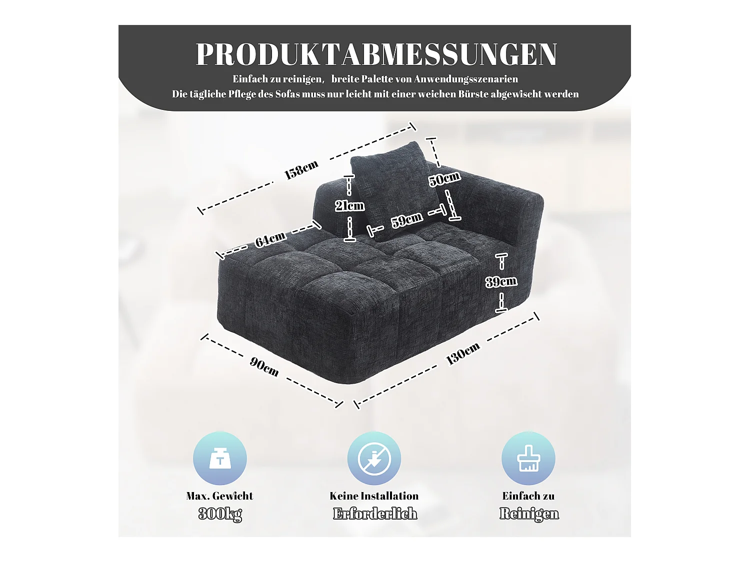 Czarna sofa 1-osobowa - Prosta sofa z poduszkami i kieszeniami - wzór śniegu