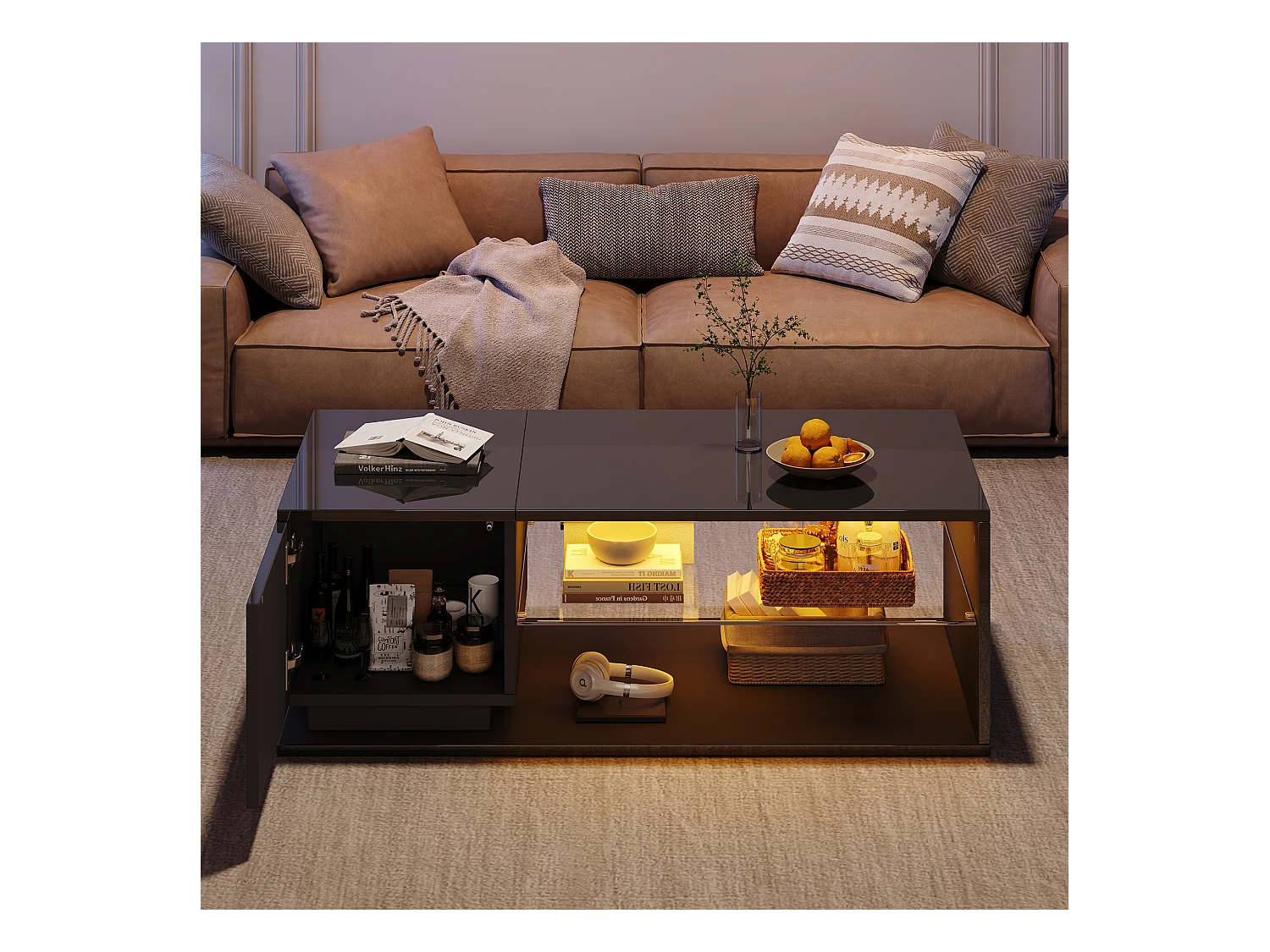 Table basse rectangulaire noir - Table d'appoint avec éclairage LED et 1 porte - rangement ouvert - pour salon