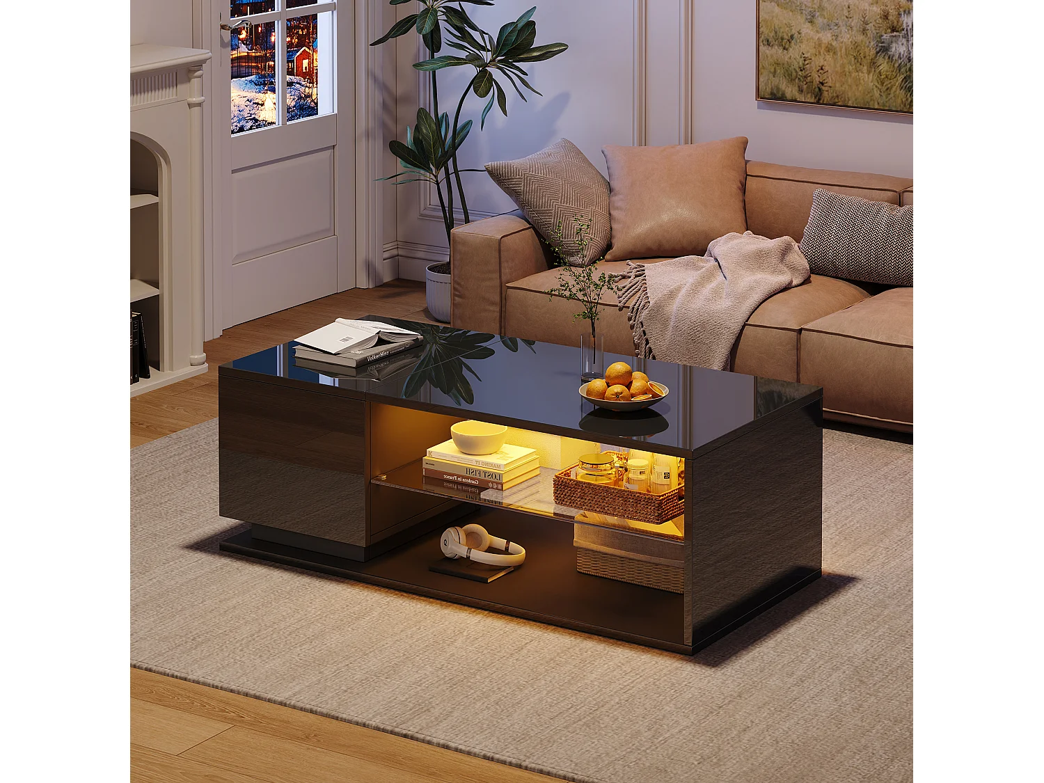 Table basse rectangulaire noir - Table d'appoint avec éclairage LED et 1 porte - rangement ouvert - pour salon