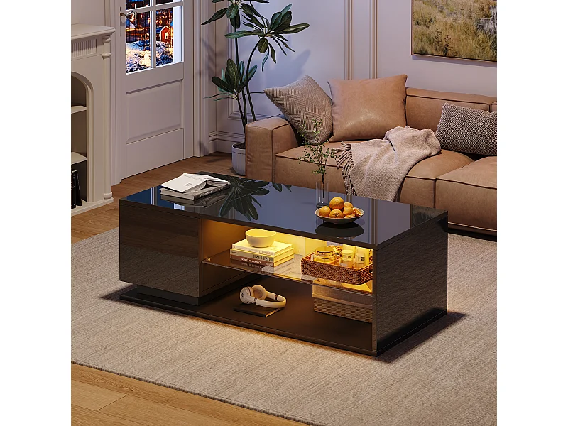 Mesa de centro retangular preta - Mesa de apoio com iluminação LED e 1 porta - espaço de arrumação aberto - para sala de estar