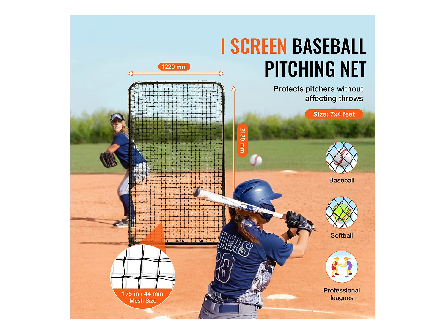 Filet de Baseball SucceBuy, 210 x 120cm, Filet de Frappeur Portable avec Sac de Transport et Piquets de Sol, Protection de Lancer Robuste