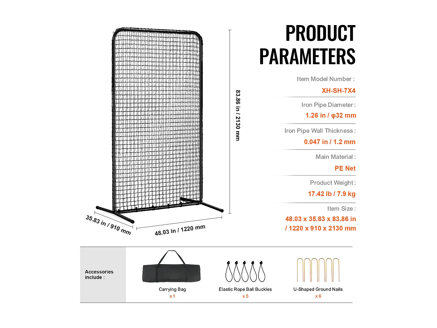 Filet de Baseball SucceBuy, 210 x 120cm, Filet de Frappeur Portable avec Sac de Transport et Piquets de Sol, Protection de Lancer Robuste