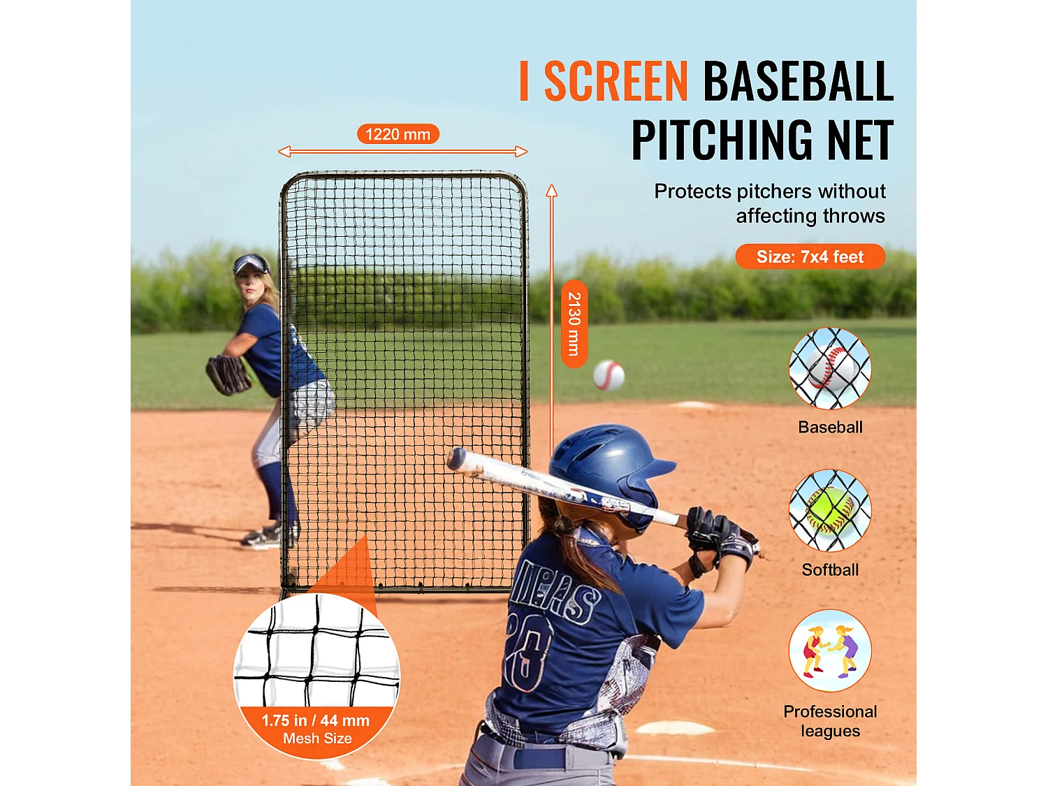 Filet de Baseball SucceBuy, 210 x 120cm, Filet de Frappeur Portable avec Sac de Transport et Piquets de Sol, Protection de Lancer Robuste