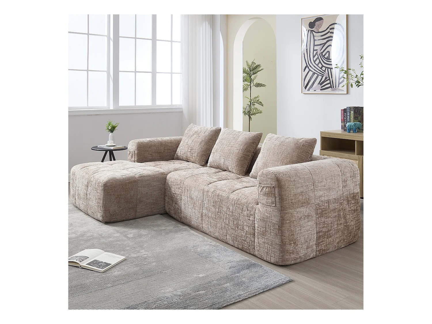 Divano angolare color cachi - Divano dritto con tasche portaoggetti e 3 cuscini - con chaise longue e braccioli